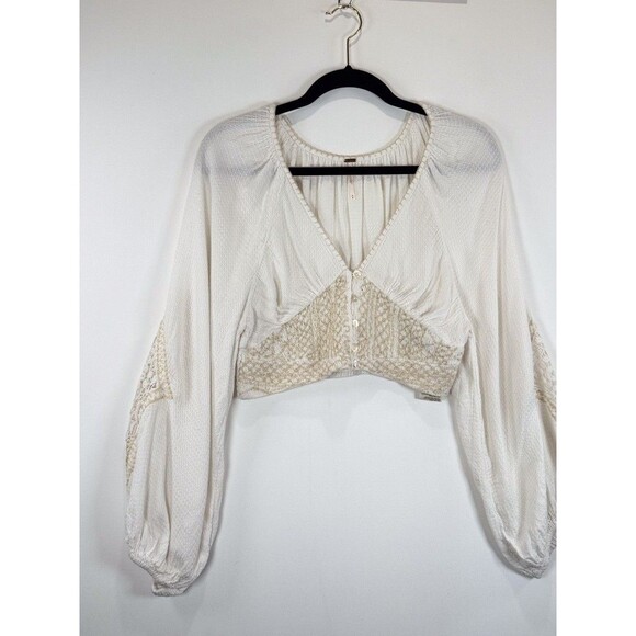 Free People Womens Top White Southwest Lace V Neck Cropped Blouse Boho Medium - Picture 6 of 10